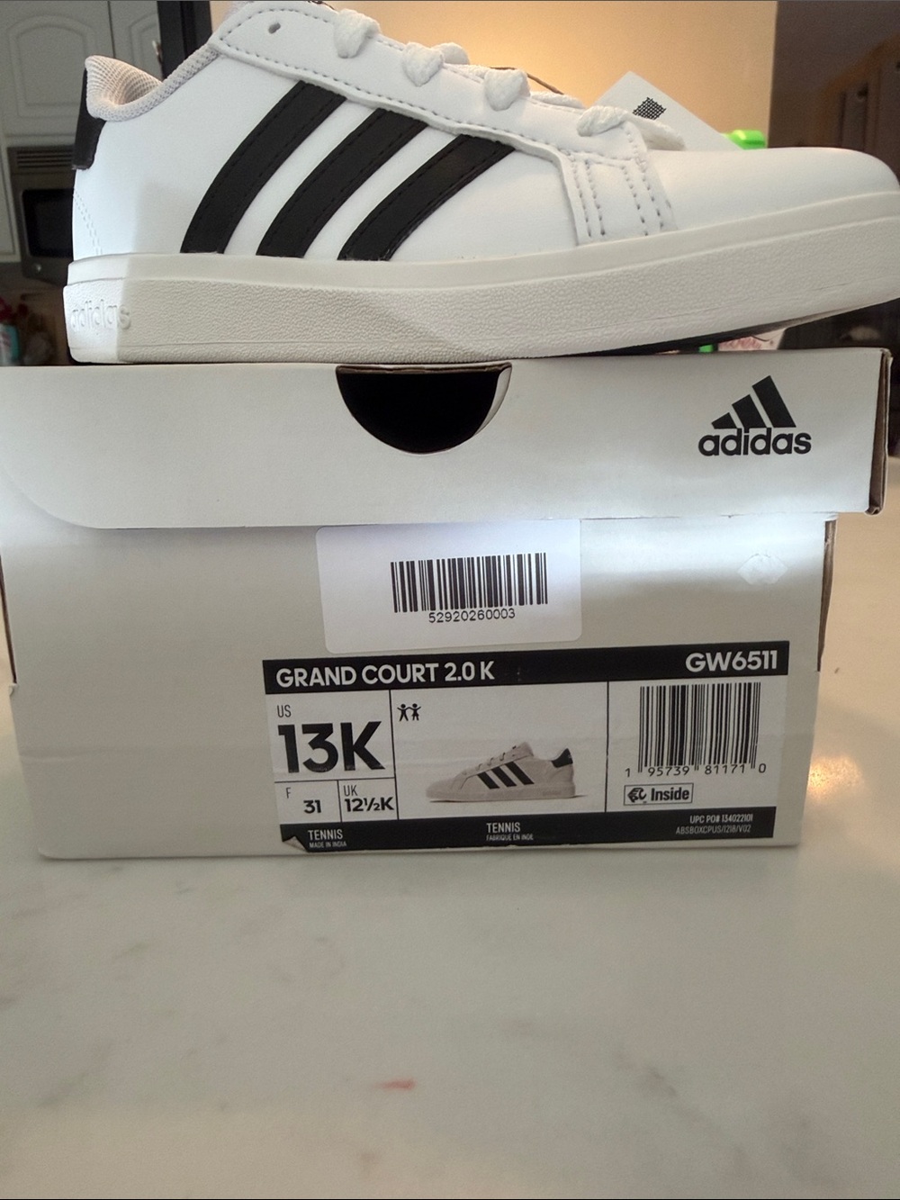 adidas White and Black Grand Court 2.0 Kids Tennis Shoes